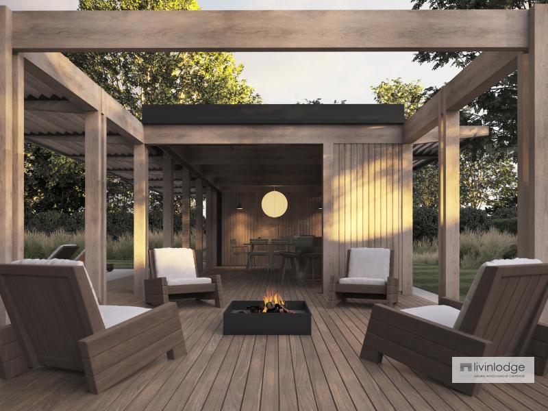 Zicht op moderne poolhouse vanop houten terras Zicht op moderne poolhouse vanop houten terras