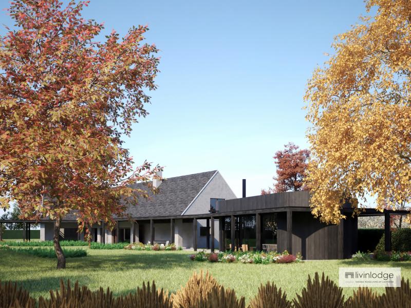 Zwart houten bijgebouw naast woning verbonden door gaanderij Zwart houten bijgebouw naast woning verbonden door gaanderij