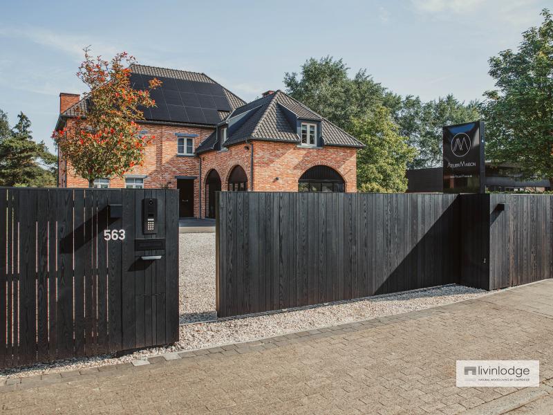 Portail coulissant en bois moderne avec clôture assortie à finition noire