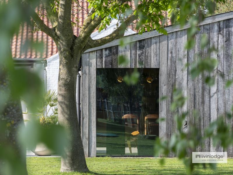 Vue latérale d'une dépendance en bois avec bardage en bois de grange Vue latérale d'une dépendance en bois avec bardage en bois de grange